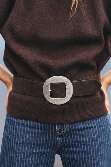 100% LEATHER BELT WITH ROUND BUCKLE — Brown 2