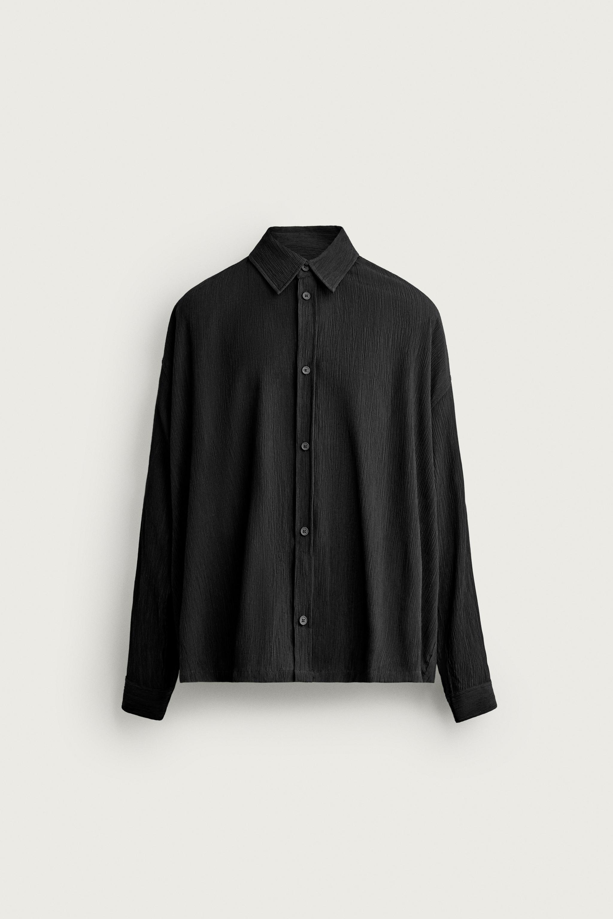RELAXED FIT TEXTURED OVERSHIRT — Black