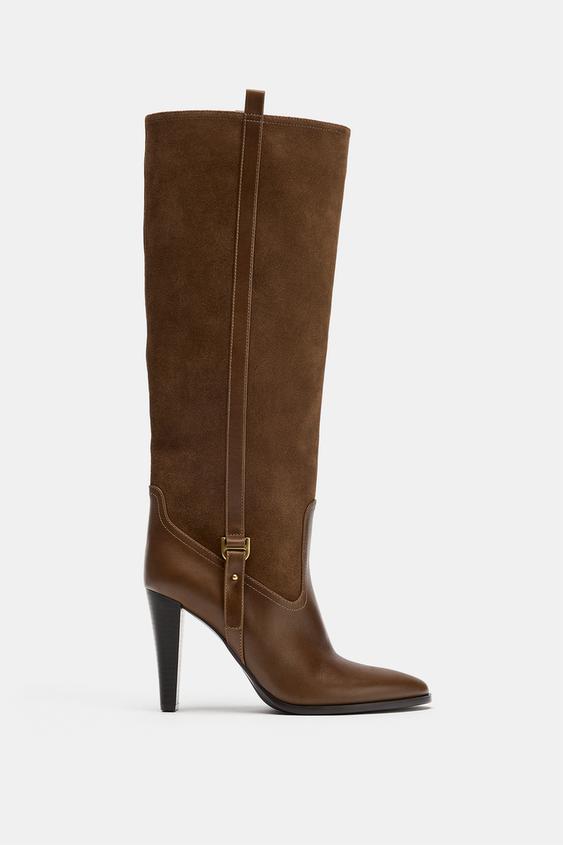 Zara LEATHER COMBINED HEELED BOOTS - Brown - Image 0