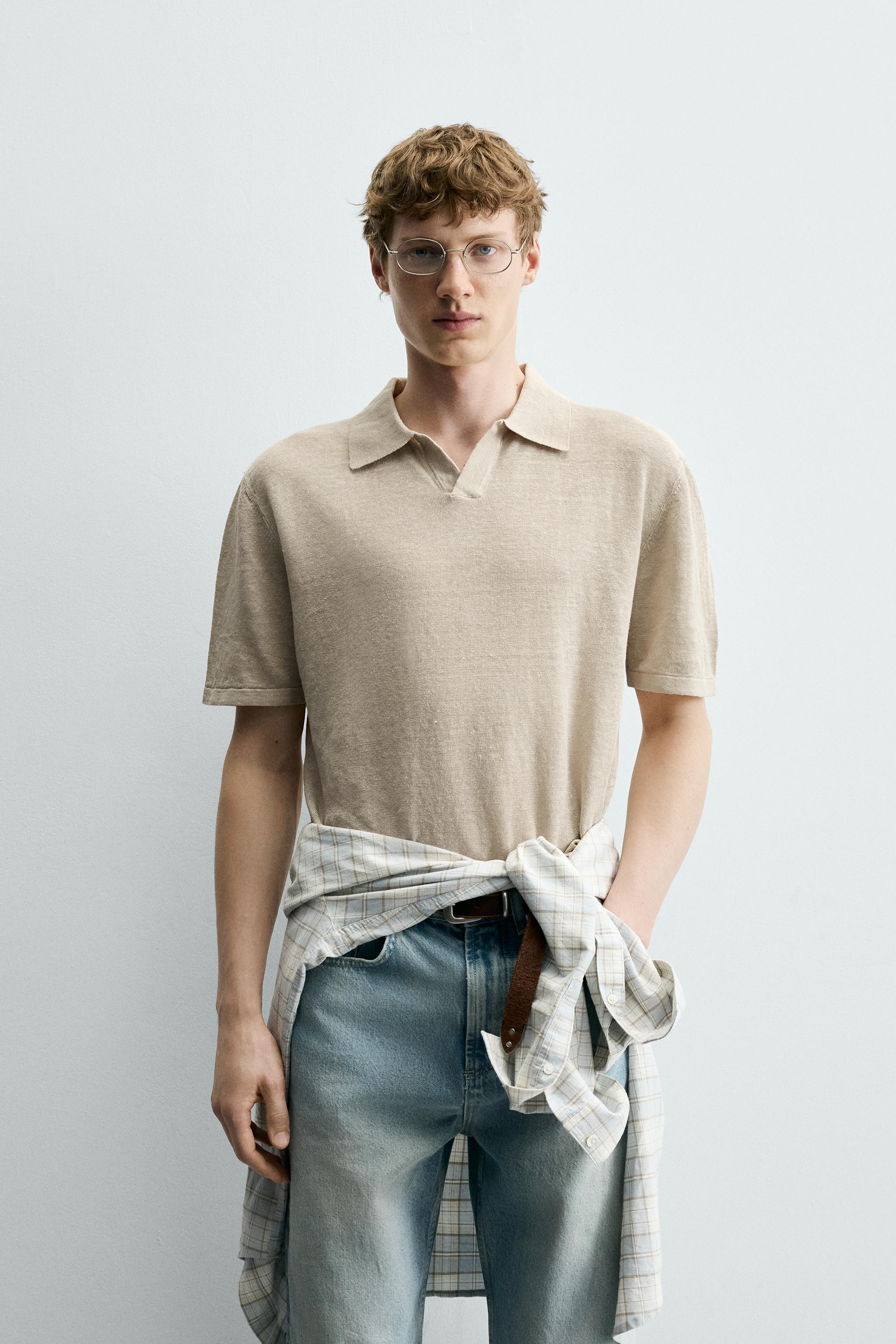REGULAR FIT 100% LINEN KNIT POLO SHIRT — Oyster-white