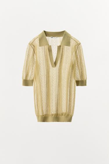 TOP POLO EN MAILLE AJOURÉE - Vert chiné de Zara - Image 2