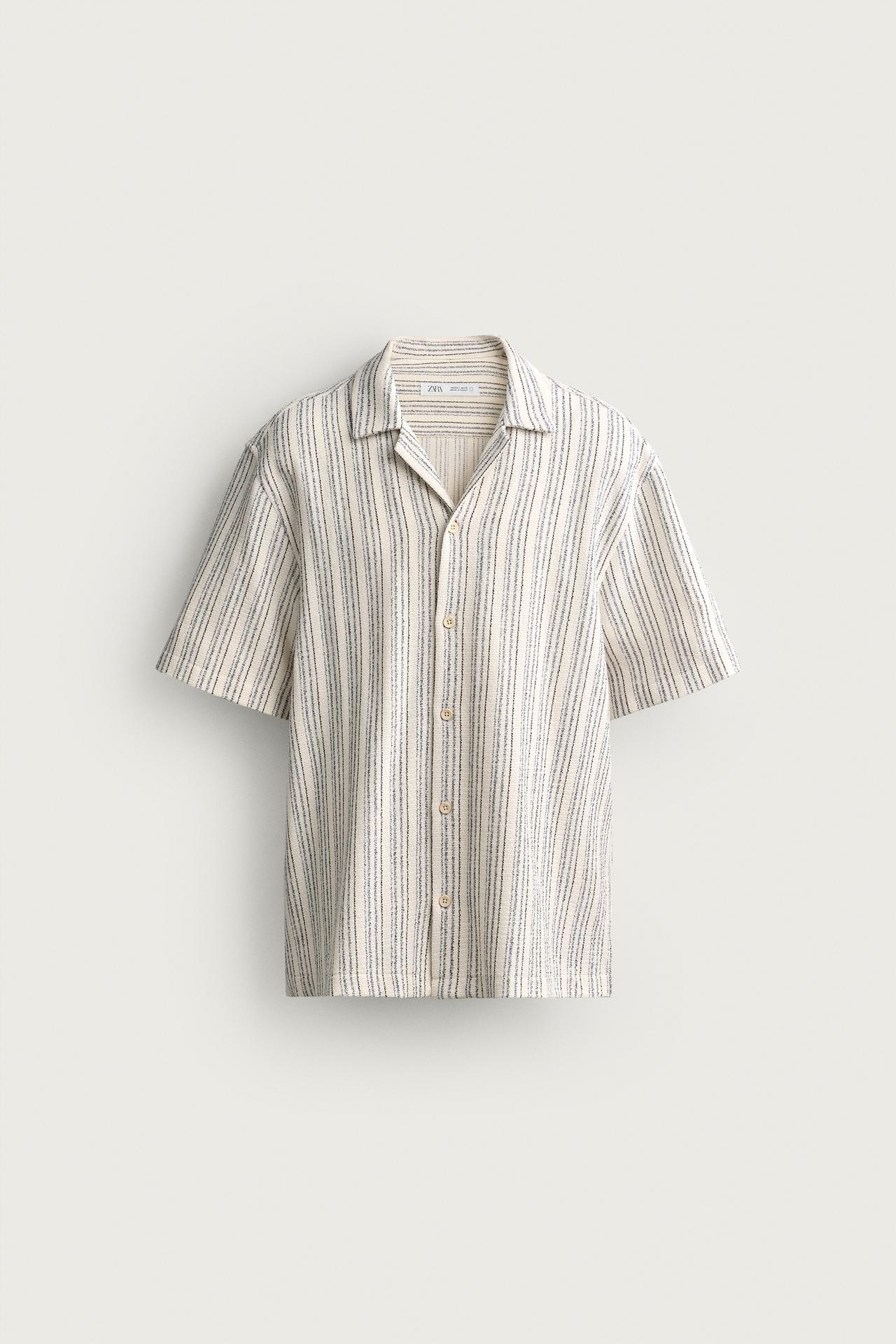 TEXTURED WEAVE SHIRT — Ecru / Blue