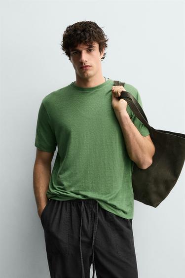 REGULAR FIT LINEN BLEND T-SHIRT - Green by Zara