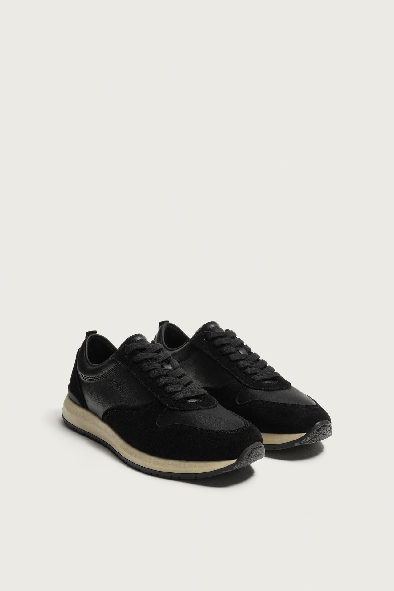 CASUAL LEATHER DETAIL SNEAKERS — Black