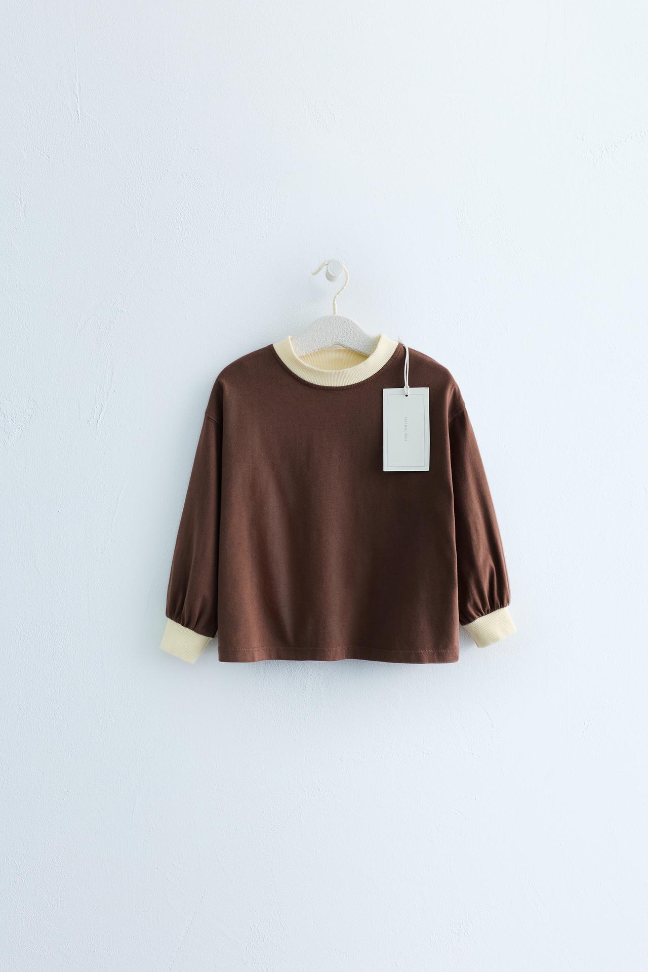 ZARA TIMELESS CONTRAST COLLAR T-SHIRT — Chocolate