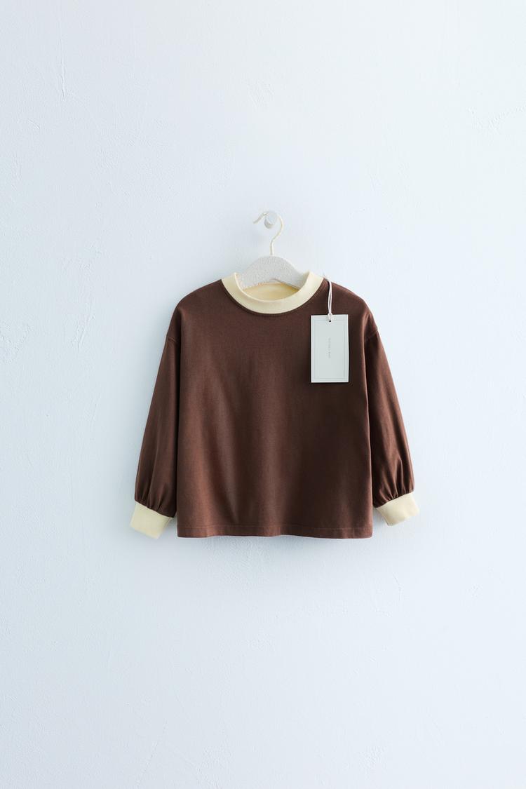 ZARA TIMELESS CONTRAST COLLAR T-SHIRT — Chocolate