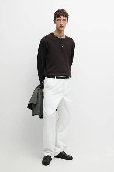 Zara 100% cotton long sleeve henley T-shirt - Chocolate - Image 0