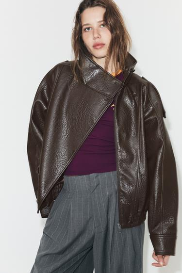 Zara FAUX LEATHER BIKER JACKET - Brown