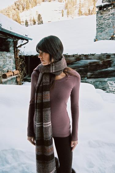 Zara PLAID FRINGED SCARF - taupe brown