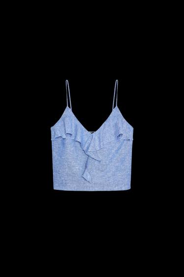 Zara LINEN RUFFLED STRAPPY TOP - Light blue - Image 0