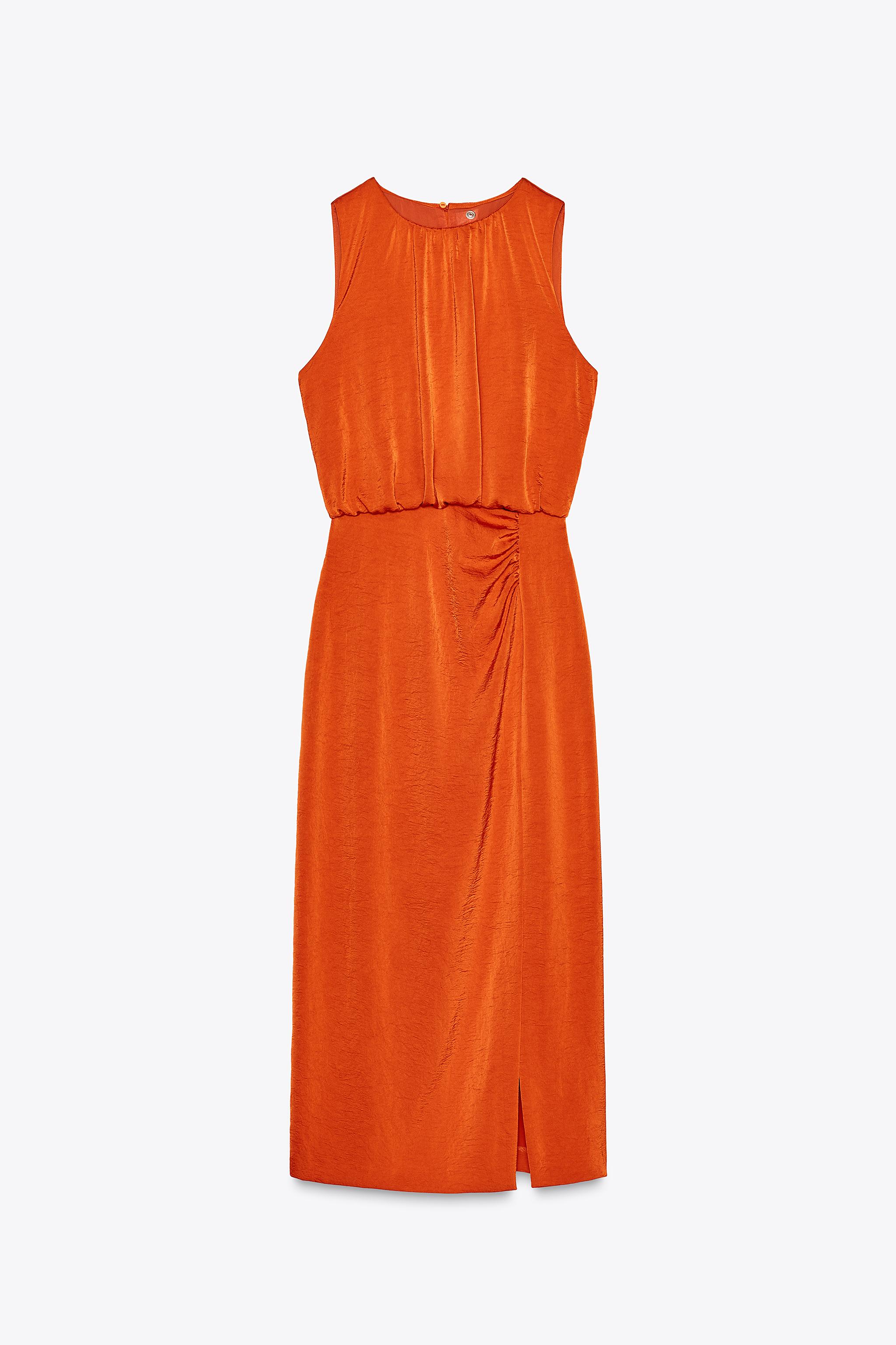 サテンミディワンピース ギャザー - オレンジ色 | ZARA Japan / 日本