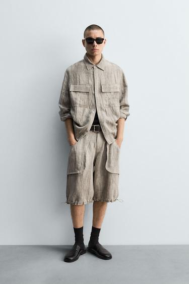 BERMUDA 100% LINO EFECTO ARRUGADO - Khaki oscuro de Zara - Imagen 0