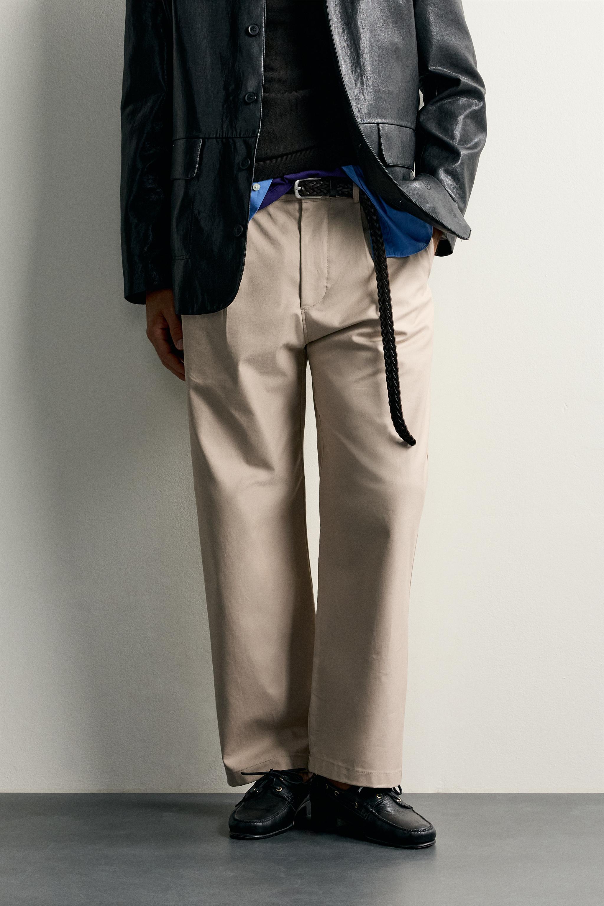 STRAIGHT FIT PLEATED PANTS — Light tan