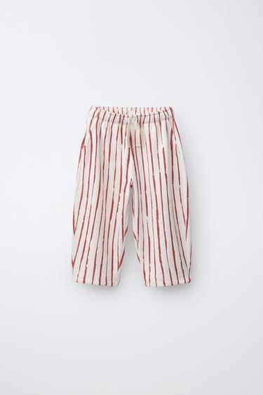 Zara STRIPED BALLOON PANTS - Ecru / Red