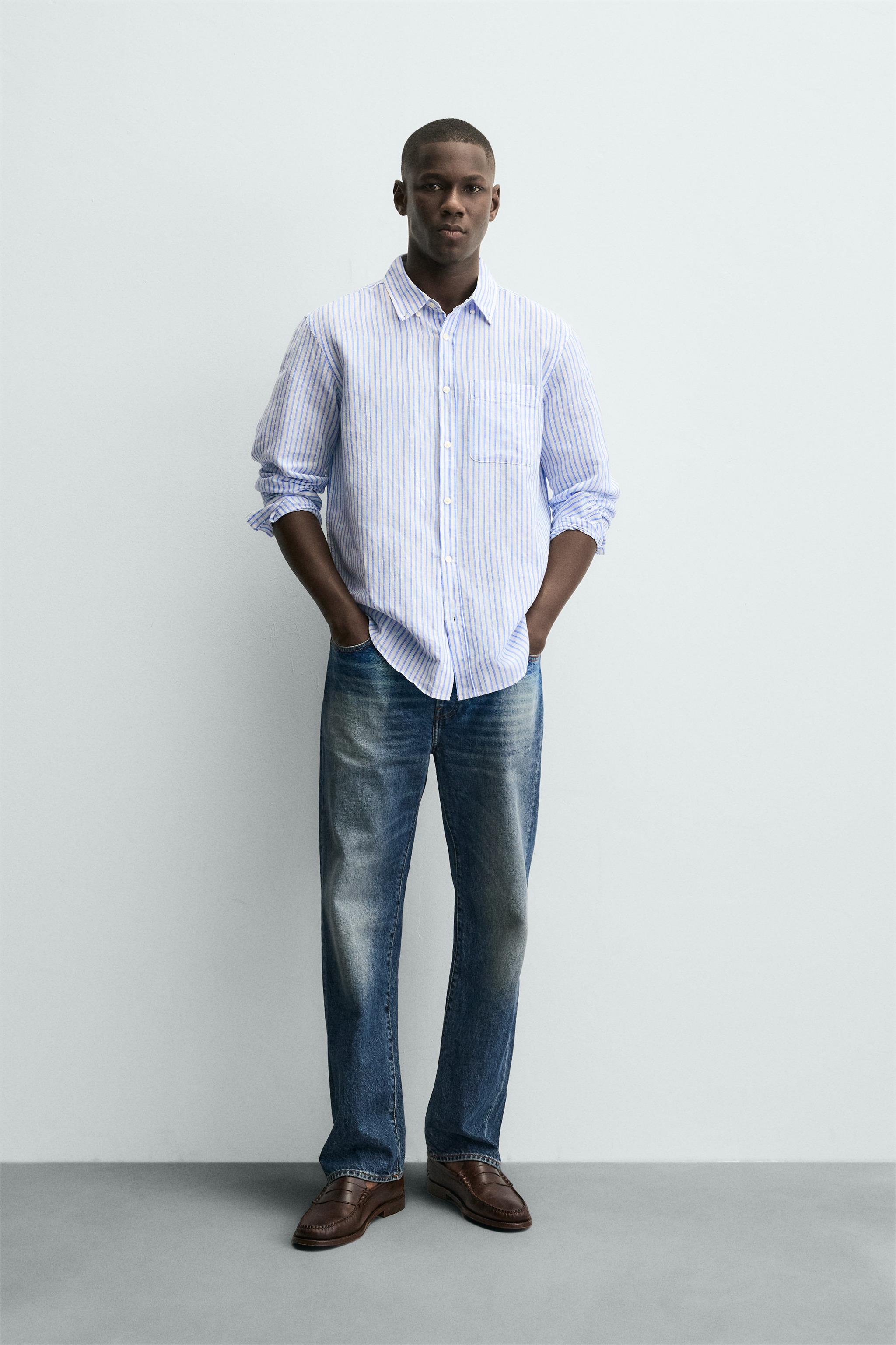 REGULAR FIT LINEN-COTTON SHIRT - Blue / White | ZARA Canada