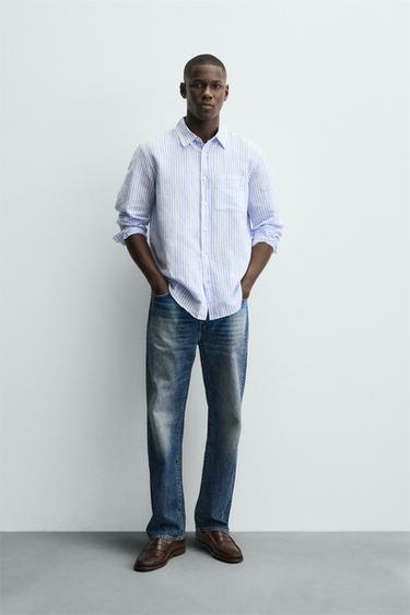 REGULAR FIT LINEN - COTTON SHIRT - Blue/White by Zara