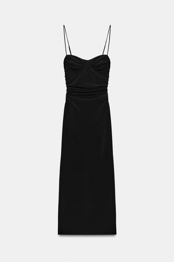 zara ruched dress black Zara Off Shoulder Ruched Dress (Black)