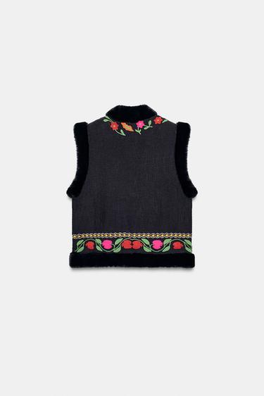 GILET SANS MANCHES BRODERIES BIMATIÈRE EFFET FOURRURE - Noir de Zara - Image 5