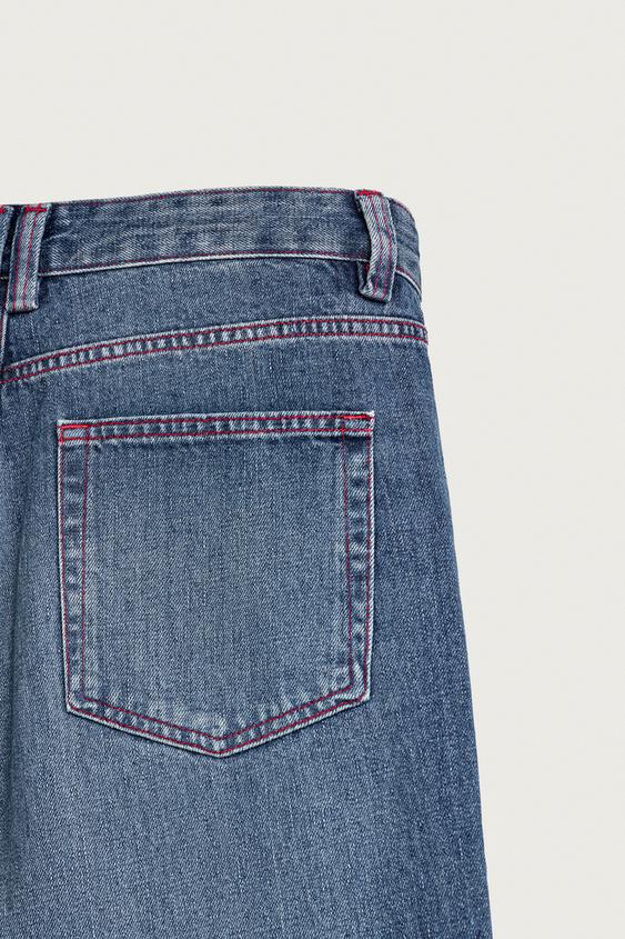 JEAN STRAIGHT FIT À SURPIQÛRES CONTRASTÉES - Bleu de Zara - Image 9
