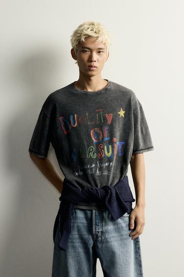 WASHED PRINTED KNIT T-SHIRT — Faded black 2