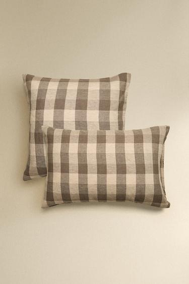 CHECKED LINEN PILLOWCASE - Brown by Zara