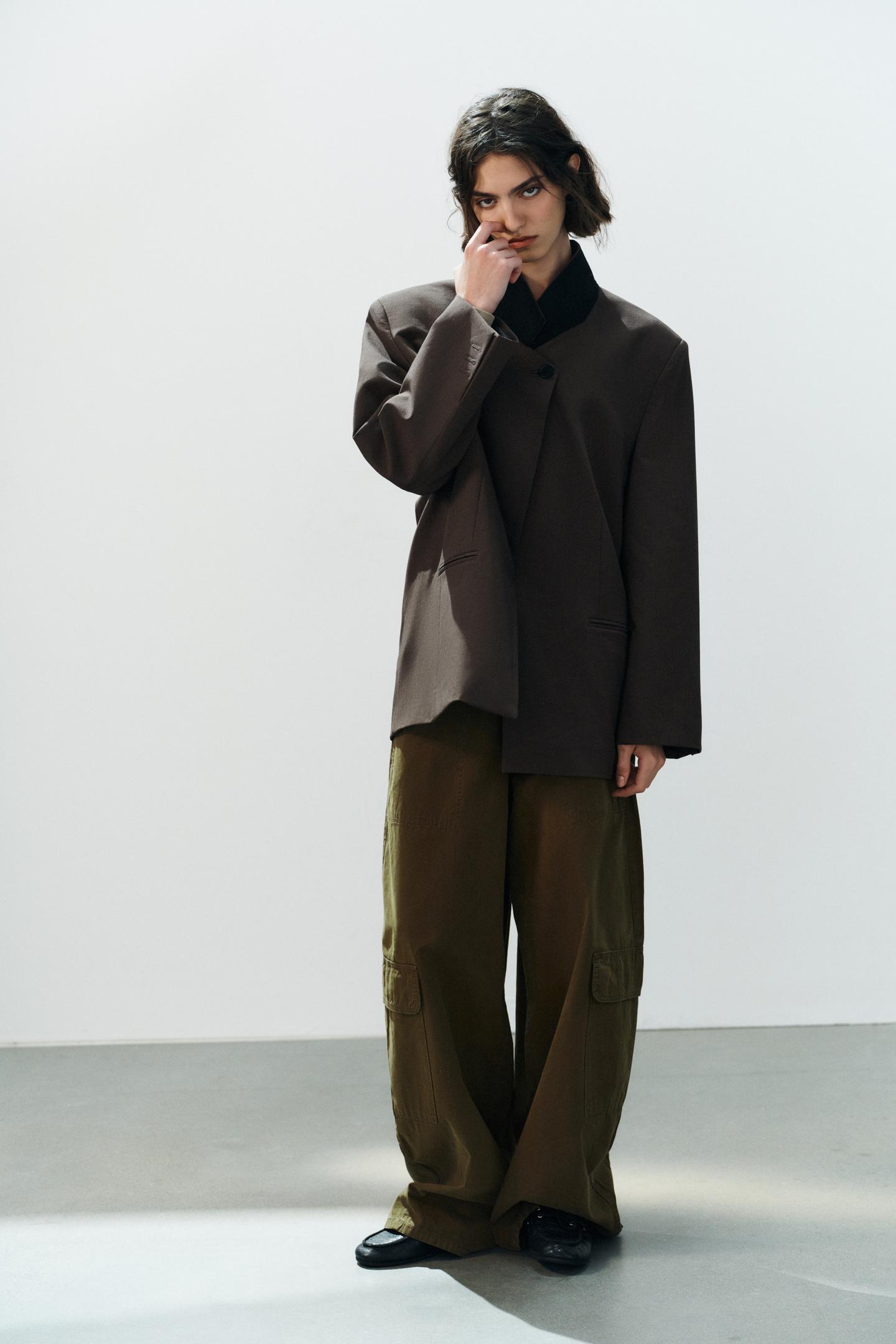 Женский пиджак Zara Contrast Collar Oversized, цвет: Тёмный коричневый — фото 6