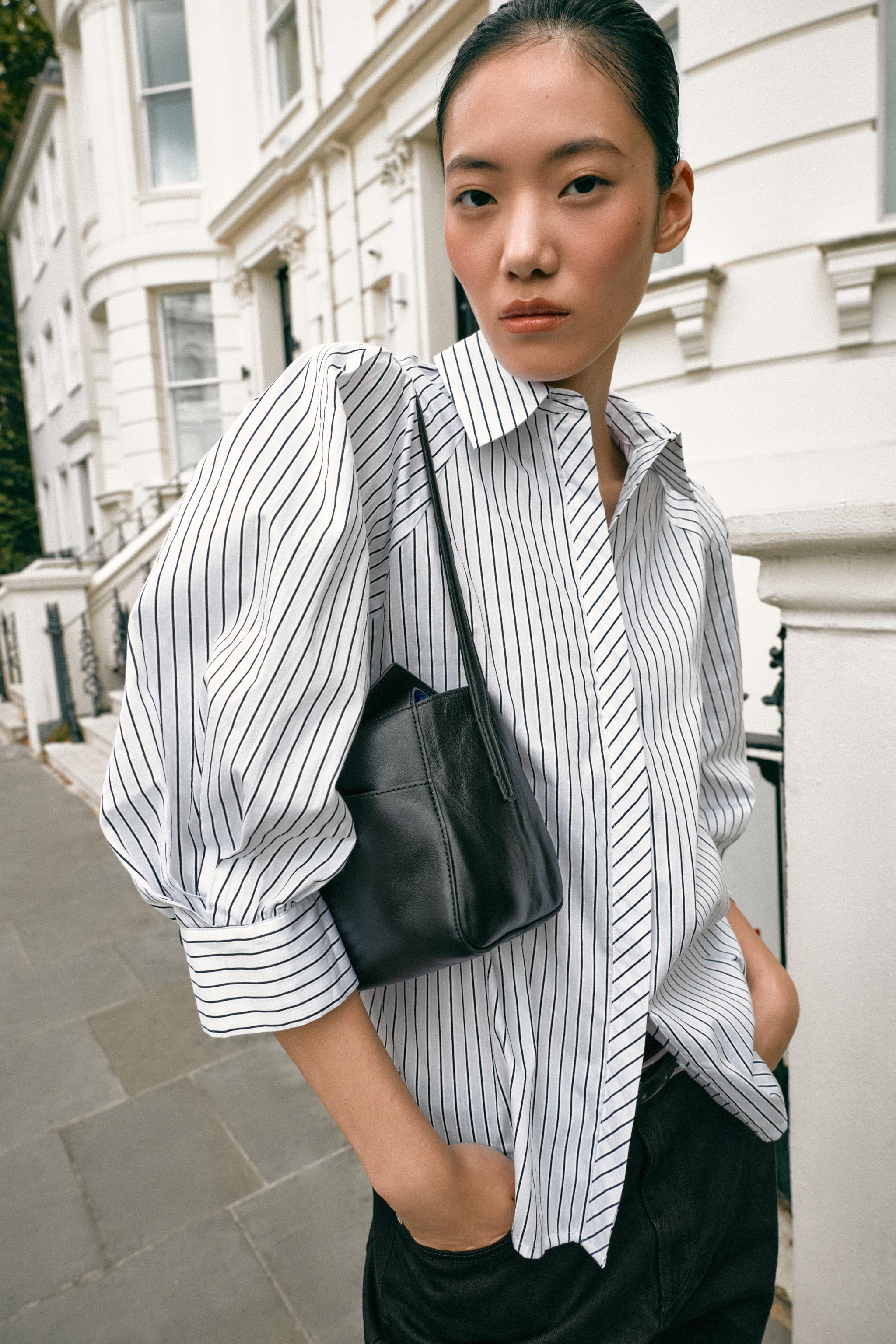 STRIPED PUFF SLEEVE SHIRT — Black / White