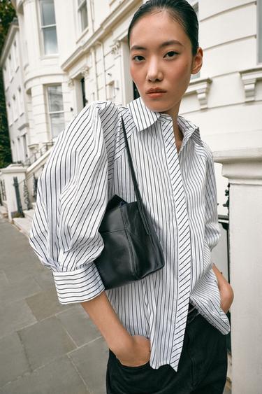 STRIPED PUFF SLEEVE SHIRT - Black / White by Zara