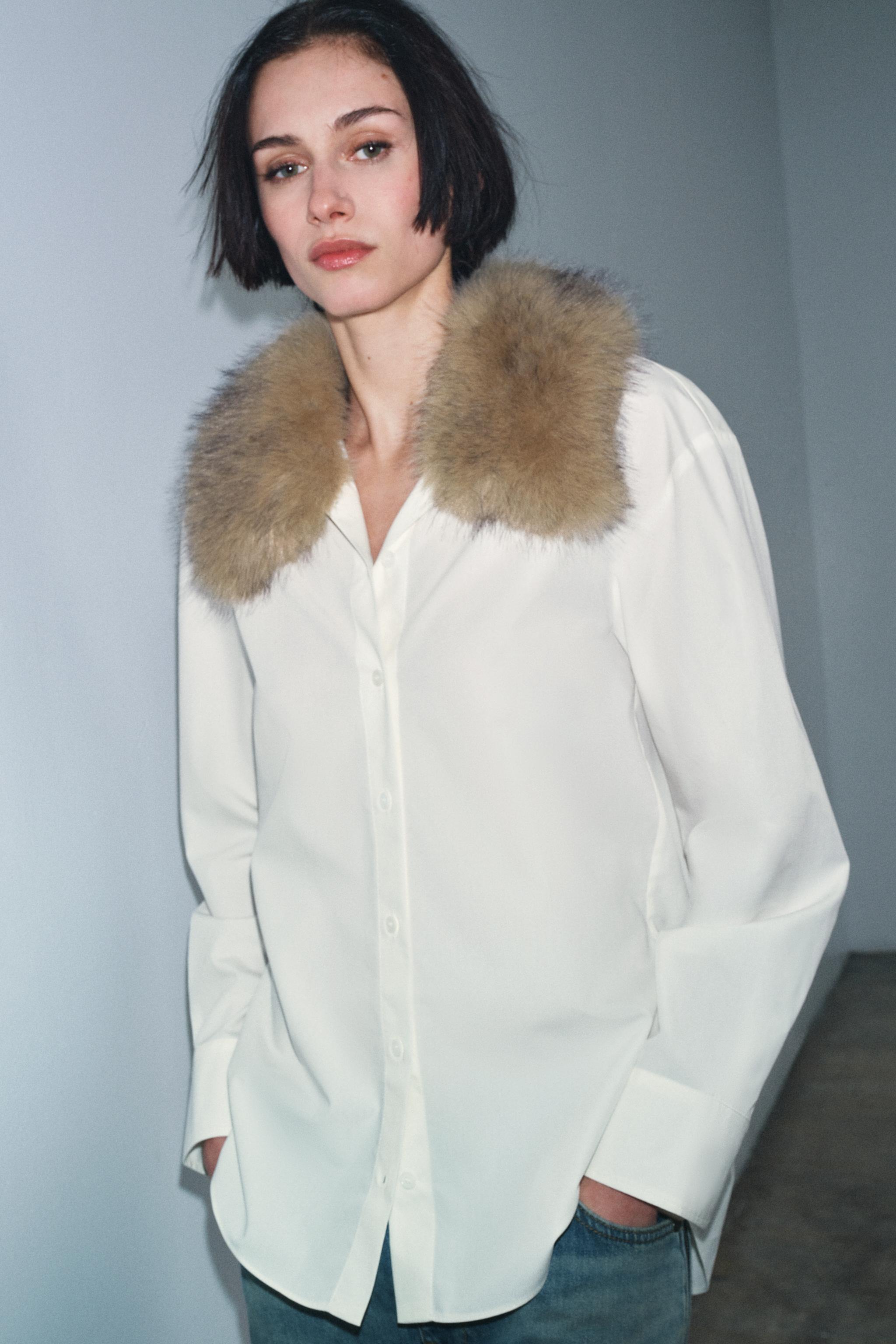 ZW COLLECTION FAUX FUR COLLAR POPLIN SHIRT