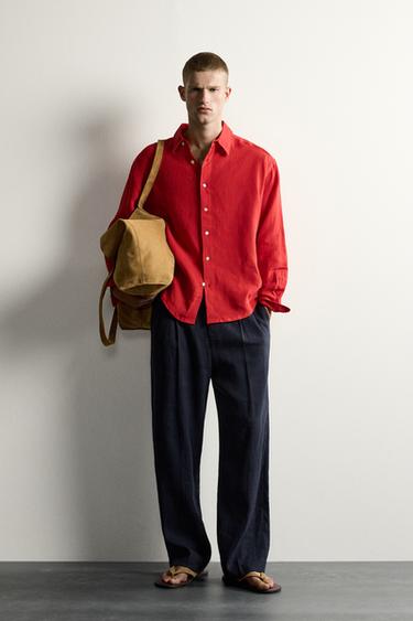 Zara 100% LINEN RELAXED FIT SHIRT - Red