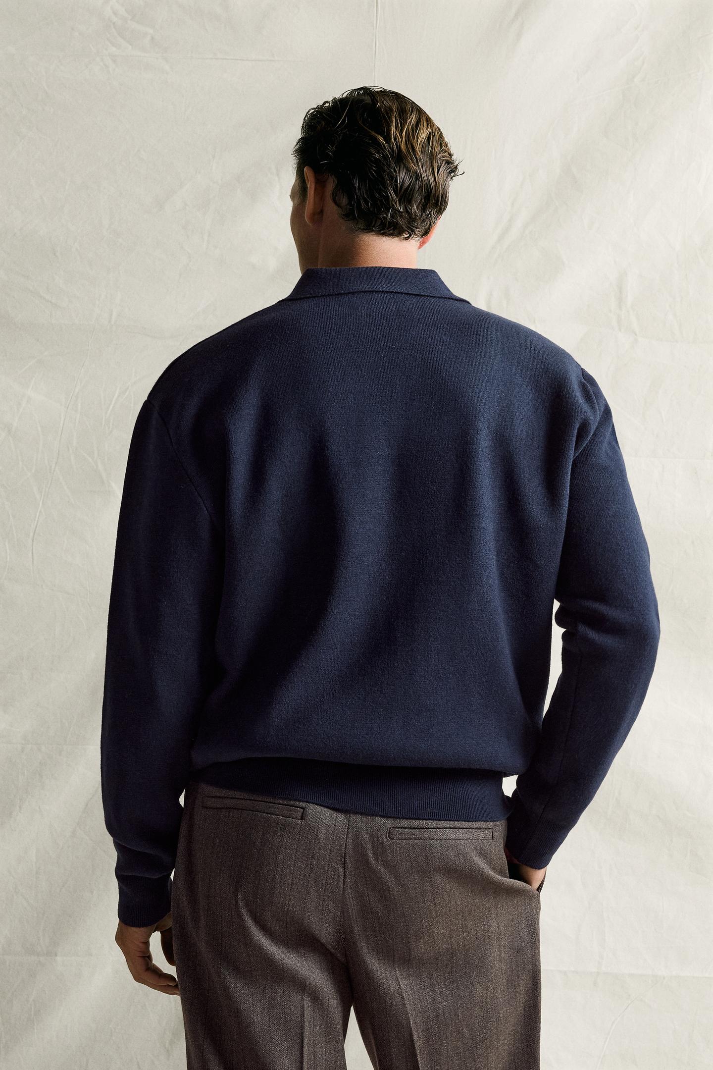 Мужское поло Zara Cotton-Wool Compact Knit Polo, цвет: Тёмно-синий — фото 3