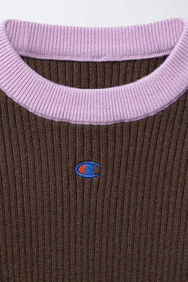 Zara CHAMPION ® X ZARA CONTRAST COLLAR RIBBED SWEATER - Chocolate brown