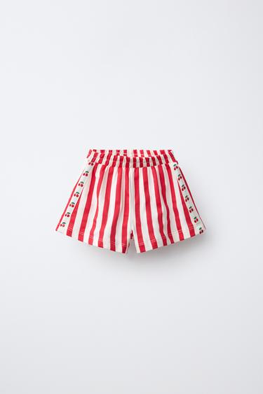 Zara STRIPED BAND SHORTS - White / Red