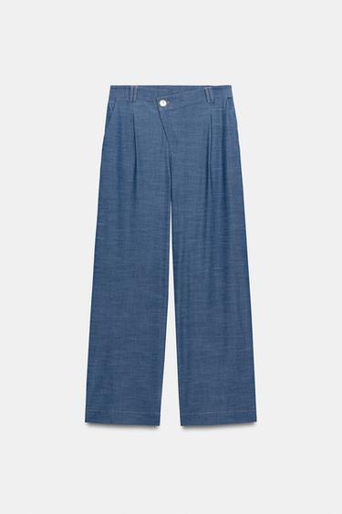 Zara WRAP WAIST WIDE LEG PANTS - Blue
