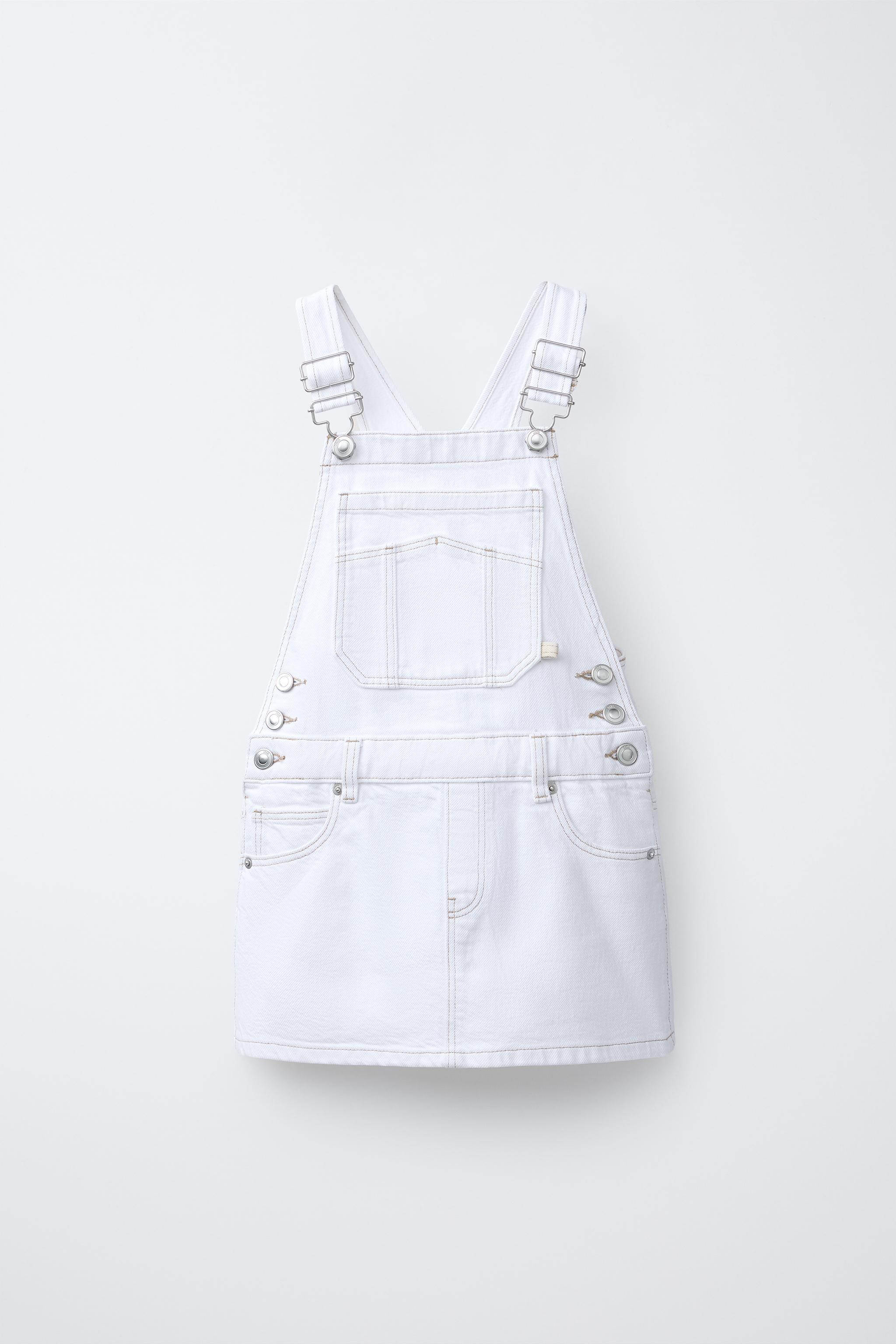 CONTRAST STITCH DENIM PINAFORE DRESS — White