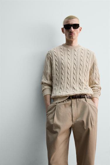 COTTON BLEND CABLE-KNIT JUMPER - Light beige by Zara - Image 5