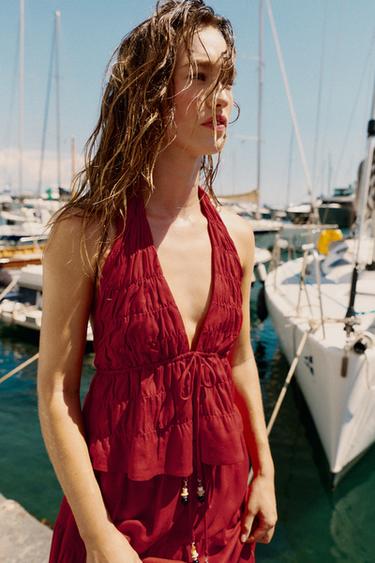 HALTER TOP WITH GATHERING AND LINEN BLEND - Burgundy by Zara