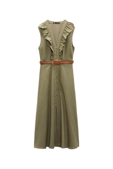 LINEN BLEND BELTED MIDI DRESS WITH RUFFLES