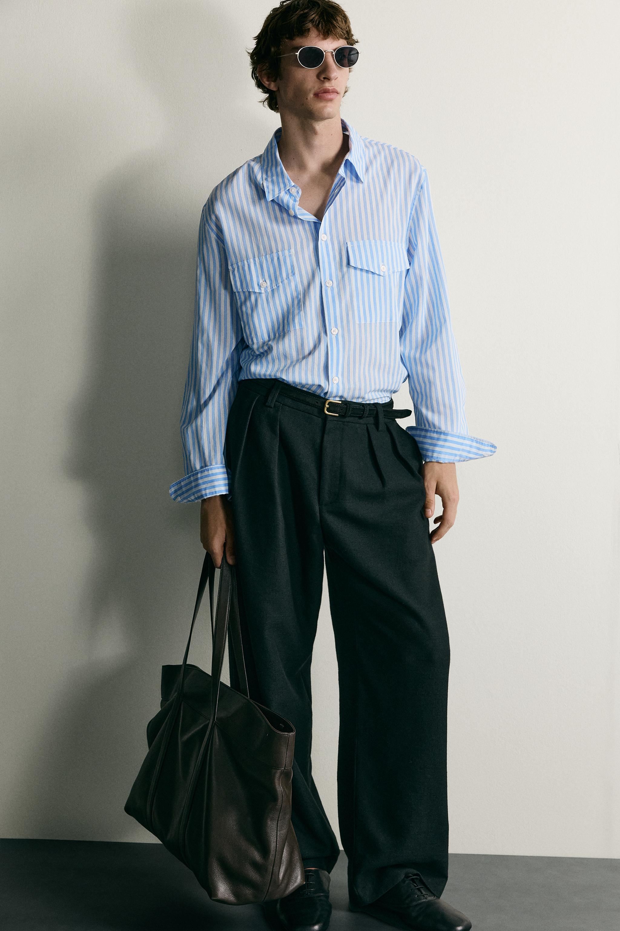 Мужские рубашки Zara STRIPED FLOWY POCKET SHIRT — фото 6