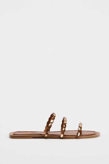 Zara TRIPLE STRAP FLAT SANDALS - Brown