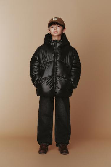 Zara 防潑水連帽鋪棉大衣 - 黑色