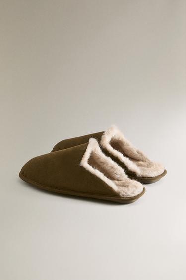 COSY LEATHER SLIPPERS - Khaki Green by Zara - Image 3