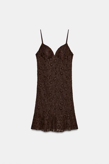 ROBE COURTE EN DENTELLE - Marron foncé de Zara
