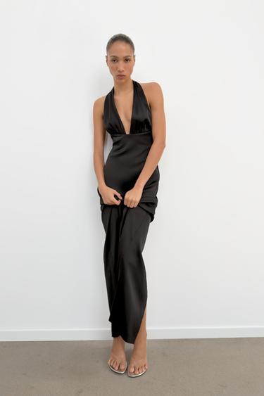 Zara SATIN EFFECT LONG HALTER DRESS - Black