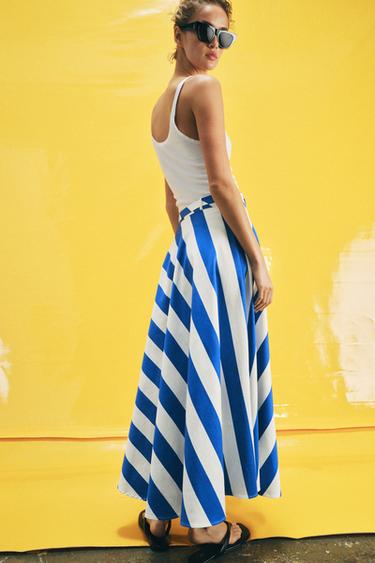JUPE MI-LONGUE RAYURES CEINTURE - Bleu / Blanc de Zara - Image 3