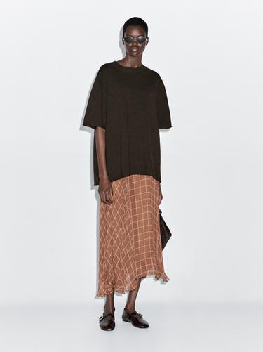 Zara Long flowing skirt with checked detail - Earth