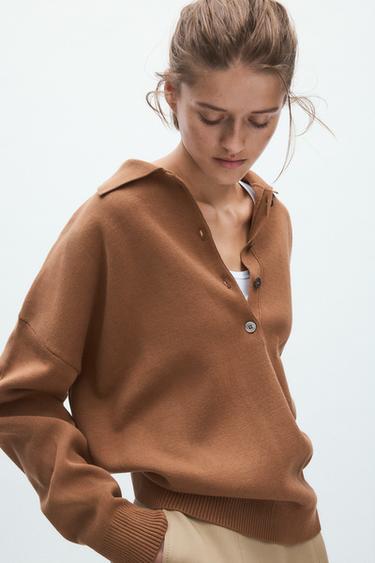 SVETR S POLO LÍMEČKEM OVERSIZE Z HLADKÉHO ÚPLETU - Brandy od Zara