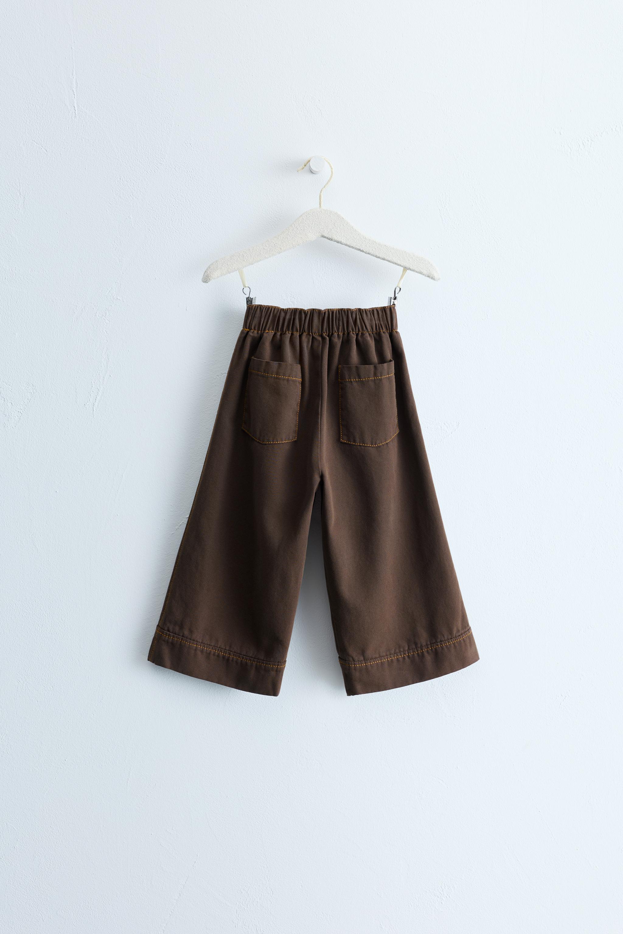 ZARA TIMELESS - WIDE LEG CONTRAST STITCH CANVAS PANTS — Brown