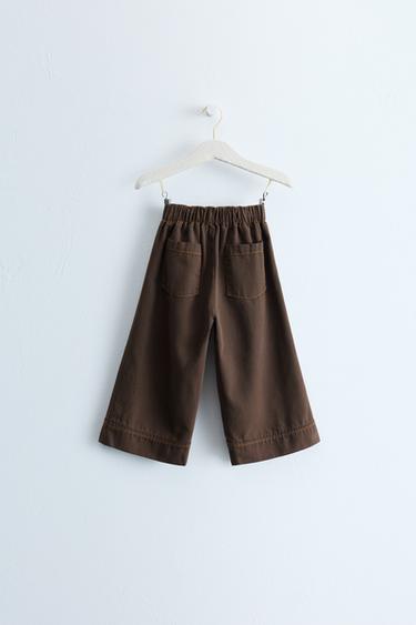ZARA TIMELESS - بنطلون WIDE LEG من الكانفاس بتفاصيل متباينة - بني الخاص بـ Zara