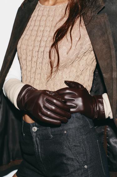 COMBINED LEATHER GLOVES WITH FLORAL EMBROIDERY - Burgundy by Zara
